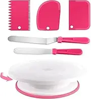 Cake Stand, 11 Inch Rotating Cake Turntable with 2 Icing Spatula and 3 Icing Smoother, Cake Decorating Supplies Kit for Beginners Set of 6 (Pink)