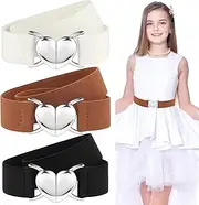 [APLZGMG] 3Pcs Elastic Belts with Heart Buckle for Girls, Cute Stretch Kids Waist Belt Adjustable Toddler Belts for Pants Dress Jeans, Multicolor