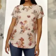 Buffalo David Bitton Blouse Womens Medium Ivory Blossom Round Neck Cap Sleeve