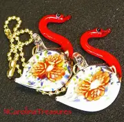 RED SWAN SWANS FLORAL BURST GLASS CEILING FAN LIGHT SWITCH PULLS LARGE PAIR B746