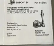 SEASONS Polished Chrome Finish Robe Hook Concealed Mount #554117