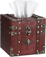 Sumnacon Tissue Box Retro Wood Square Tissue Box Cover Vintage Cube Tissue Box Holder,Decorative Tissue Holder for Bedroom Bathroom Toilet Table Desk Car Store Office Home,Red