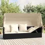 Outdoor Lounge Bed, Garden Day Bed Sun Lounger Chaise Lounge Outdoor Lounge Bed with Roof and Cushions Black Poly Rattan