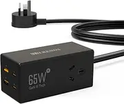 HITRENDS GaN 65W USB C Powerboard Fast Charging Station, 6 in 1 Travel Power Strip with 2 AC Outlets, 4 USB (2 USB C), Extension Cord 1.5M, Desktop Outlet Extender for Laptop, MacBook, iPhone, Work