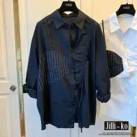 在飛比找momo購物網優惠-【JILLI-KO】假兩件不規則拼接格子寬鬆襯衫-F(黑)