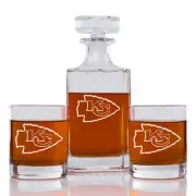 Kansas City Chiefs Engraved Football Whiskey Decanter Rocks Glasses 3 Piece Set