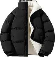[hathne] Men's Winter Warm Puffer Jacket Fleece Lined Lightweight Thick Stand Collar Padded Coat