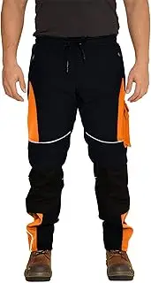 [Sam Caan] Hi Vis Mens Work Trousers Softshell Men High Visibility Viz Reflective Water Resistant Combat Cargo Rain Proof Repellent Windproof Safety Site Work Wear Builder Pants Soft Shell Workwear