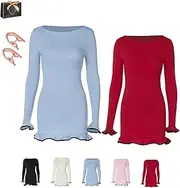 [Generic] Womens Contrast Binding Flounce Sleeve Bodycon,Ruffled Trim Mini Elegant Wave Hem Longsleeve Dress Boat Neck