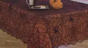 Halloween Orange & Black Spider Web Lace 52x70 Oblong Tablecloth Liner NIP