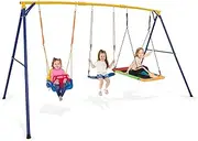 HONEY JOY 300 KG Indoor & Outdoor Swing Set, Heavy Duty Carbon Steel Swing Frame w/ 1 Belt Swing, 1 Platform Tree Swing & 1 Adjustable Swing Seat, Length-Adjustable Ropes, for Garden, Backyard, Park