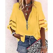 Women's Shirt Blouse Black White Yellow Plain Striped Zipper 3/4 Length Sleeve Daily Holiday Basic Business Casual V Neck S