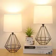Set of 2 Bedside Table Lamp, Black Metal Modern Lamp with White Fabric Shade,