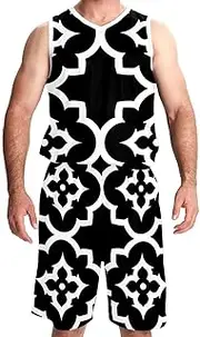 [KQNZT] Basketball Jerseys Shorts Sport Set, Jersey Shorts Outfit Set, Mens Basketball Jerseys, Moroccan Pattern Black White Vintage Modern