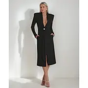A-Line Mother of the Bride Dress Tuxedo Dress Elegant Wrap Dress Simple Minimalist V Neck Shawl Lapel Midi Length Tea Length Crepe Stretch Fabric Long Sleeve w