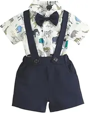 HEOXIN Baby Boys Gentleman Suit, Baby Clothing Gentleman's Bow Tie Press Stud Crotch Newborn Costume, Baby Boy Gentleman Outfit Button Stretch Braces Shorts Baby Clothes, Blue, 0-18 Months