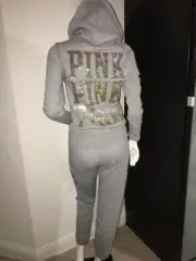VICTORIA SECRET PINK SET S SWEAT SHIRT HOODIE & SWEAT PANTS GRAY BLING SEQUIN