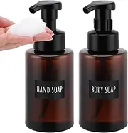 Segbeauty Foaming Hand Soap Dispenser, 2 Pcs 400ml Shampoo and Conditioner Bottles, Dish Soap Dispenser with Foam Pumphead, Shampoo Dispenser with Labels, for Sink and Countertop (Brown)