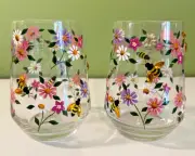 SET OF 2 WILDFLOWER STEMLESS WINE GLASSES W/BLING BEES**NEW