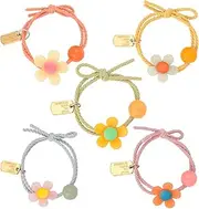 Hair Ties Set For Girls Toddlers 5 Pcs Colorful Hair Ropes Cute Hair Accessories for Girl Elastic Hair Tie with Flower Bead Tag Ponytail Hair Holder