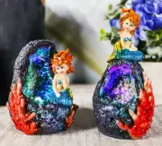 Nautical Blue Tail Mermaids With LED Light Geode Crystal Cave Figurines Set Of 2