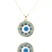 14K Solid Gold Pendant Necklace Chain Hand-Painted Evil Eye Pendant