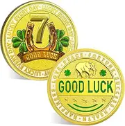 Lucky Blessings Coin - Good Luck 777 Token, a four-leaf clover, a poker card guard, a horseshoe and an elephant as a symbol of daily success and well-being