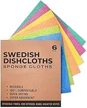 Naturals - Swedish Dish Cloths - 6 Pack: Eco-Friendly, Reusable, Super Absorbent & Biodegradable Cellulose Cleaning Towels Wipes for Kitchen, Counters and Household - 18x20cm Each