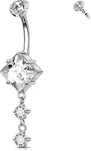 [Melighting] 14G Titanium Belly Button Ring Internally Threaded Belly Ring Dangle G23 Titanium Belly Piercing Square Clear CZ Navel Barbell for Women Body Piercing Jewelry, 14G10mm, Titanium, cubic