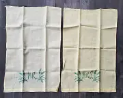 Vintage Mr. and Mrs. Wedding Linen Hand Towels, Yellow with Green Embroidery