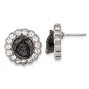 Fashion 1928 Silver-Tone Black Enamel Flowers & Crystal Post Earrings