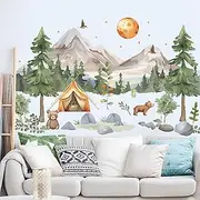 DRWSSR 2 Sheets Removable Cartoon Forest Animals Bear Wall Decals DIY Mountain Tree Wall Decals Pine Tree Wall Decals Vinyl Sun Wall Decals Flying Birds Art Decor for Nursery Kids Room Bedroom Decor