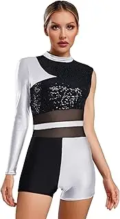 [TiaoBug] Women Glittery Metallic Dance Leotard One Pieces Bodysuit Short Rompers Salsa Latin Ballroom Dancewear