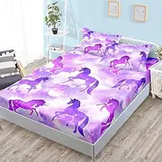 HOSIMA Purple Unicorn Bedding Sets for Girls Kids,Planet Cloud Unicorn Fitted Sheets Twin Bedding Set,Soft Microfiber Princess Toddler Bed Sheet Set with 15-Inch Deep Pockets.