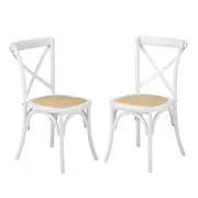 Oikiture 2PCS Crossback Dining Chair Solid Birch Timber Wood Ratan Seat White