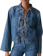 [LouVasabuce] Women’s Fashion Denim Jacket Coat Tie Front Lapel Long Sleeve Shirt Denim Jacket Y2k Clothes