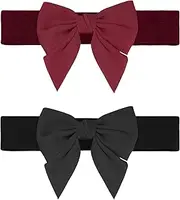 [Elerevyo] Women's 2Pcs Elastic Wide Belt Dress Bowknot Waistband Decoration Fashion Versatile Belts Black+Wine Red 70x5.8cm/27.6x2.3"