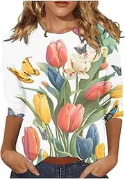 [Generic] Womens 3/4 Length Sleeve Tops Casual Round Neck Leaf Print Tops Fashion Loose Fit T-Shirts Ladies Tops and Blouses