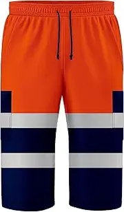 [trending babz] 3/4 Lenght Hi Viz High Visibility Safety Work Wear Multi Pockets 2 Tone Contrast Drawstring Reflective Tape Fleece Shorts