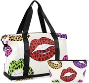 [Amooorous] Cartoon Leopard Print Lips Travel Tote Gym Bag Carry On Personal Item Bag with Toiletry Bag for Business Trips Foldable, Cartoon leopard print lips, 1 size