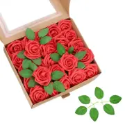 Roses Artificial Flowers, 50 Pcs Real Looking Foam Fake Flowers with Stems, Red