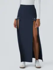 Halara High Waisted Decorative Buckle Split 2-in-1 Maxi Casual Skirt Sz Small...