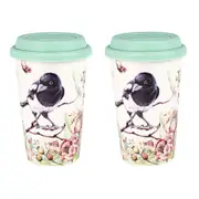 2PK Flora & Fauna Magpie 290ml Travel Mug Double Walled New Bone China Drink Cup