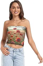 [RPLIFE] Poppy Flowers Crop Tube Top Mesh Tube Tops, Strapless Tank Top, Summer Clothes (S)
