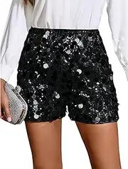 [ZGMYC] Women’s Sparkly Sequin Shorts Elastic Straight Leg High Waisted Glitter Party Shorts Clubwear