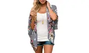Women's Floral Print Puff Sleeve Kimono Cardigan Loose Cover Up Casual Blouse Tops- Grey Floral, Palm Print, Leopard Print or Navy Floral