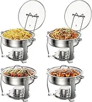 BriSunshine 4 Packs 3 QT Round Chafing Dish Buffet Set, Stainless Steel Chafing Dishes with Glass Lid & Holder, Food Warmer for Parties Weddings Banquets Events