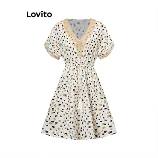 Lovito 女用休閒點點網紗拼接抽繩洋裝（白色） LNL36152 (白色)