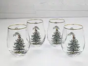 Set Of 4 SPODE Stemless Wine Glasses With Gold Trim Christmas Tree Design NEW