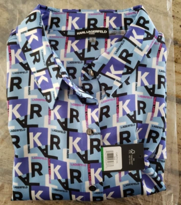 KARL LAGERFELD Petite Logo Print Roll-Tab-Sleeves Button-Front Shirt ,Soft